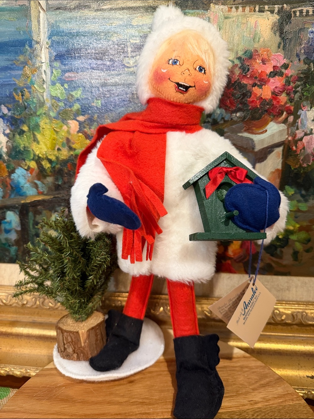 Annalee White Snow Child Figurine with Red Scarf and Green Birdhouse